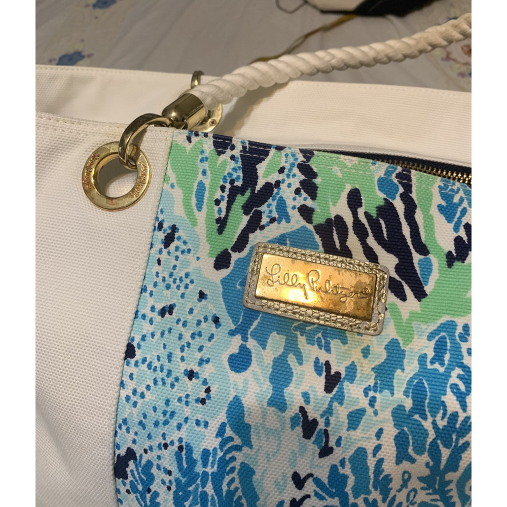 Lily Pulitzer Island Tote Bag Spa Blue "Let's Cha Cha Cha" Rope Handles 15 x 18 - Picture 5 of 11